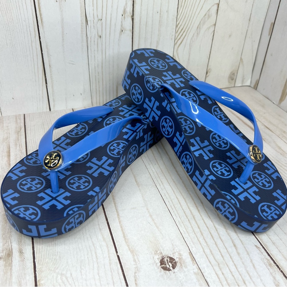 Tory Burch Eva wedge flip flops blue
